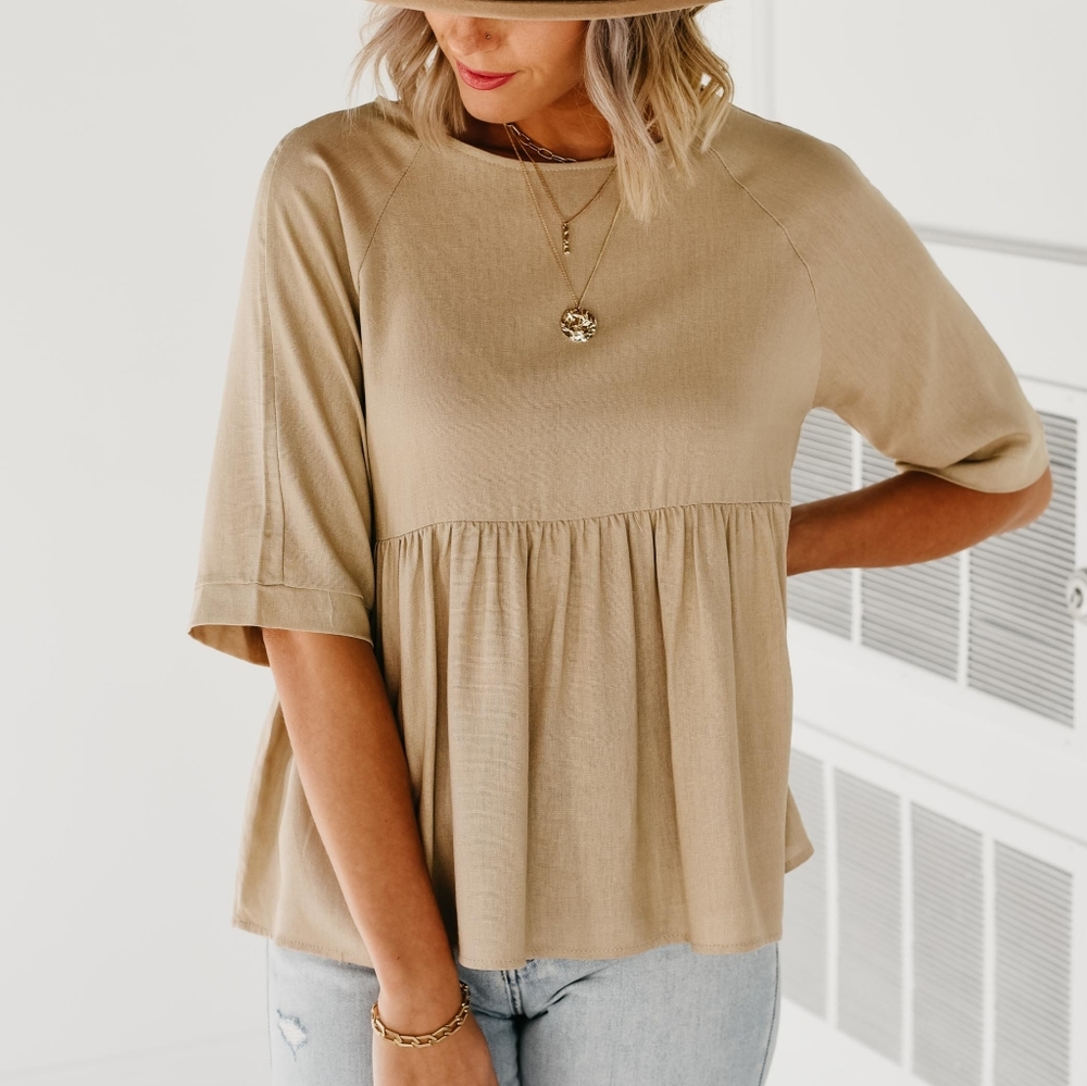 Tan Button Back Peplum Style Top